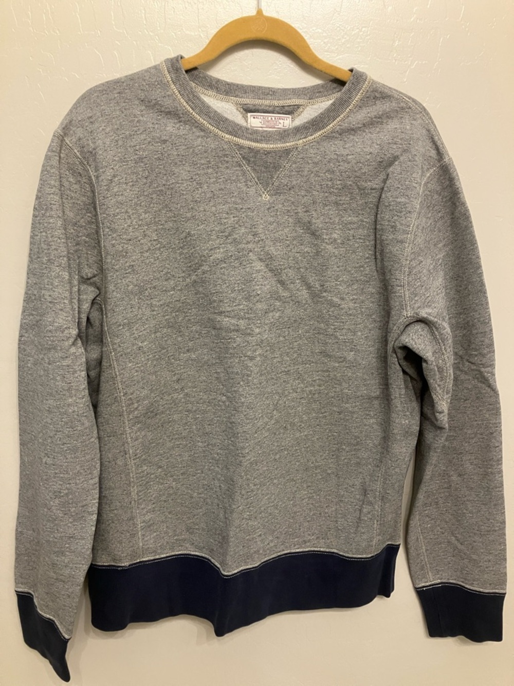 Men's Gray Crewneck Sweater with Navy Contrast Hem